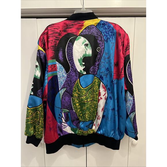 VTG 80's Picasso Art Satin Bomber Jacket Sz 26/28 AOP Colorful Climate Zone - Picture 1 of 7